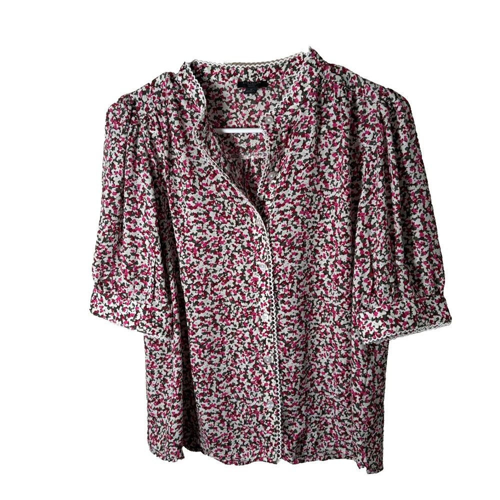 Ann Taylor Blouse Women's Petite Small Floral Button Up Short Sleeve Career Top
